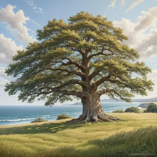 Prompt: Large oak tree on grass overlooking ocean, realistic painting, detailed bark and leaves, high quality, realistic, serene, natural lighting, ocean view, detailed foliage, tranquil atmosphere, traditional art, realistic colors, peaceful scenery, highres, detailed landscape