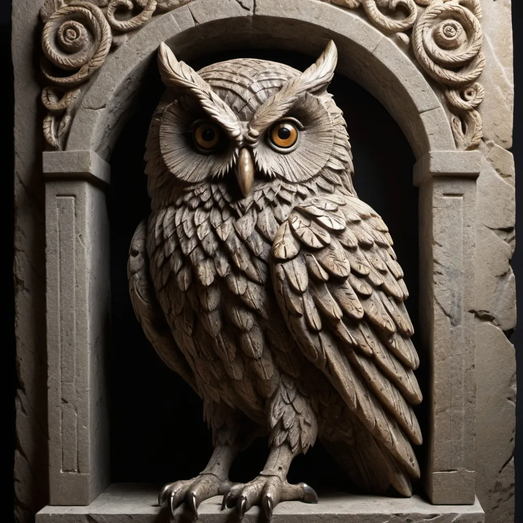 Prompt: Carved sculpture of an owl with a snake in its claws, stone material, intricate details, high quality, realistic, dramatic lighting, textured finish, ancient mythology, intense gaze, aged stone texture, owl sculpture, snake carving, detailed feathers, powerful, majestic, stone sculpture, dramatic shadows, skilled craftsmanship