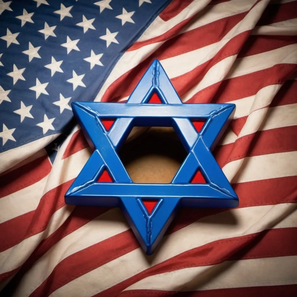 Prompt: Blue Star of David breaking through the American flag  