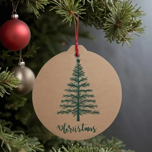 Prompt: Create a realistic image of a circle shaped ornament, with a kraft string hanging from small circle on top of ornament, with christmass tree in background