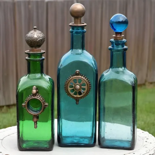 Prompt: Victorian bottles green glass blue glass steampunk






