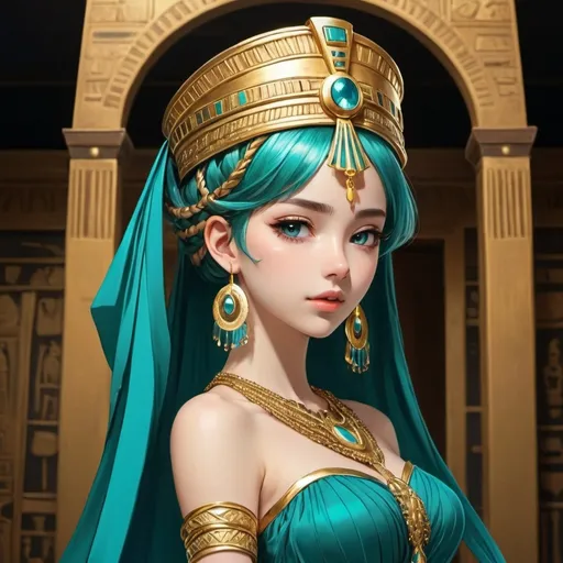 Prompt: sweet anime braided hairstyle teal
Elegant golden gown (egyptian)
Gleaming Goddess Coronet (hat)
 golden metal on arms

