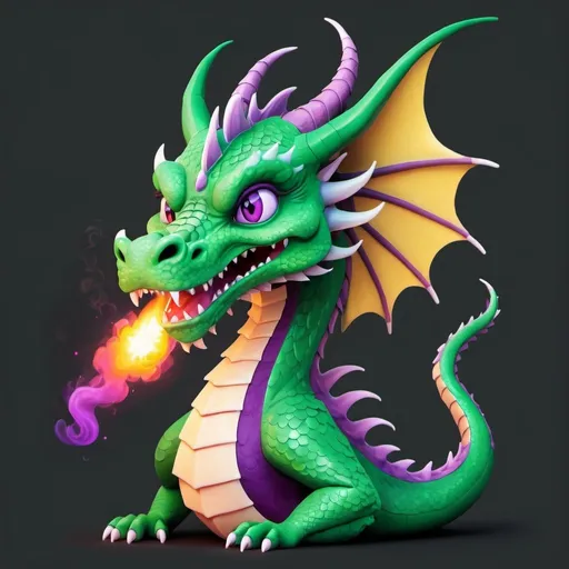 Prompt: green and purple feminine dragon that is breathing fire in a cartoon format with no background 