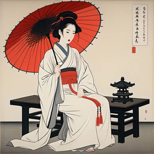 Prompt: a woman in a white dress holding a stick and wearing a black hat and holding a red and white umbrella, Chen Yifei, ukiyo-e, classical painting, an ultrafine detailed painting and sitting