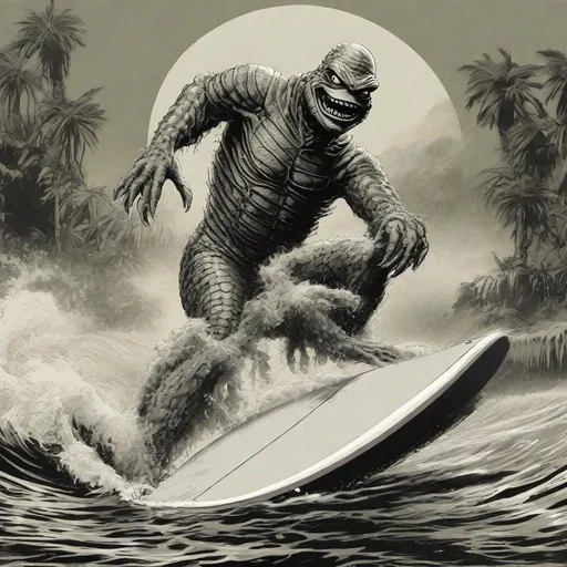 Prompt: universal creature from the black lagoon surfing
