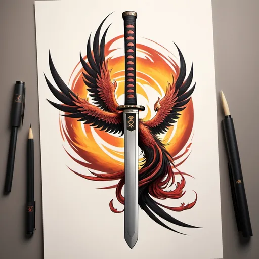 Prompt: A draw of a katana with phoenix symbol on a sleeve