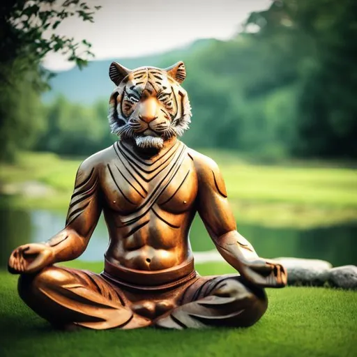 Prompt: tiger man, meditation, zen, green grass, river