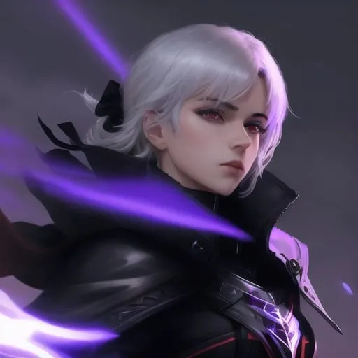 Prompt: Saber Alter, 20 years old with a boyish face, dressed in a futuristic royal costume with black and red elements, purple effects. Без одежды задрала ногу

