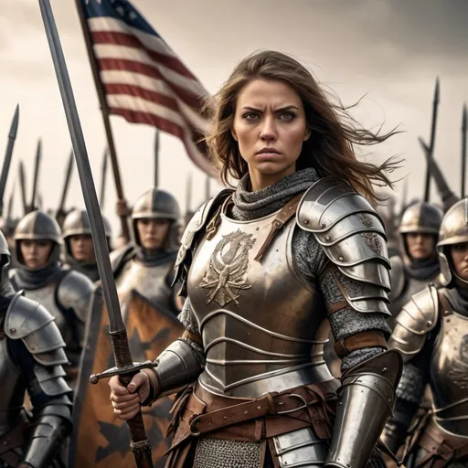 Prompt: Realistic, high definition vertical photo of a woman in armor leading a female warrior army, holding a freedom flag in one hand and a sword in the other, epic battle scene, detailed armor with intricate engravings, fierce and determined expression, empowering leadership, historical warrior, HD, realistic, vertical format, detailed armor, empowering, epic battle scene, female warrior army, determined expression, freedom flag, sword, historical, leadership