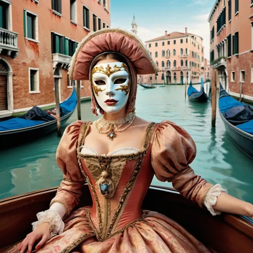 Prompt: a woman in a costume and mask on a boat in venice, italy, with a canal in the background, David LaChapelle, mannerism, renaissance oil painting, a colorized photo