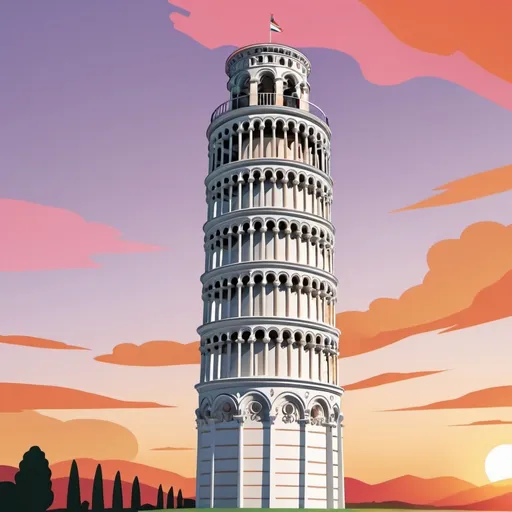 Prompt: Create an illustration of the Leaning Tower of Pisa at sunset. The sky should feature vibrant hues of orange, pink, and purple, with the warm light reflecting off the tower's iconic white marble. Focus exclusively on the tower, highlighting its distinctive lean and the texture of the stone. Ensure that the surroundings are minimal, and do not include the cathedral in the scene.