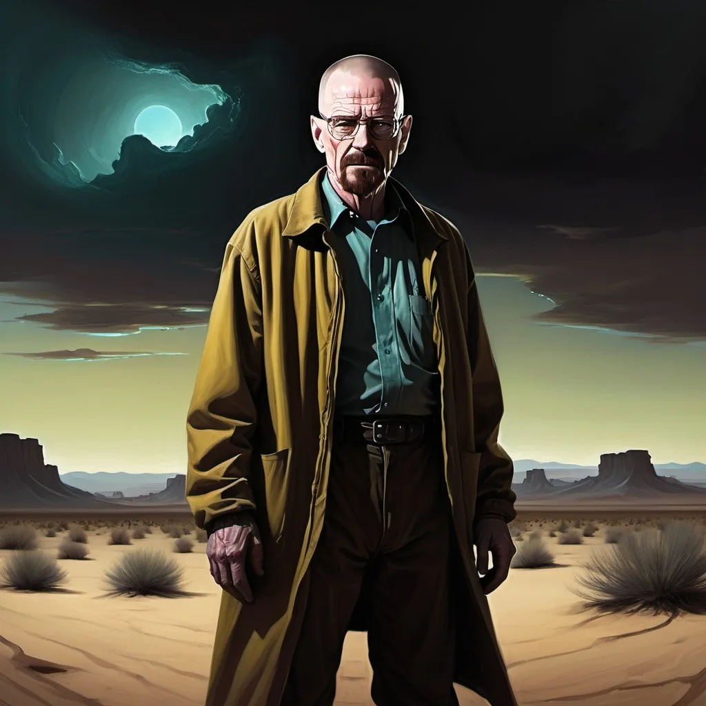 Prompt: A dark fantasy painting of Walter white in a desert, dark fantasy art