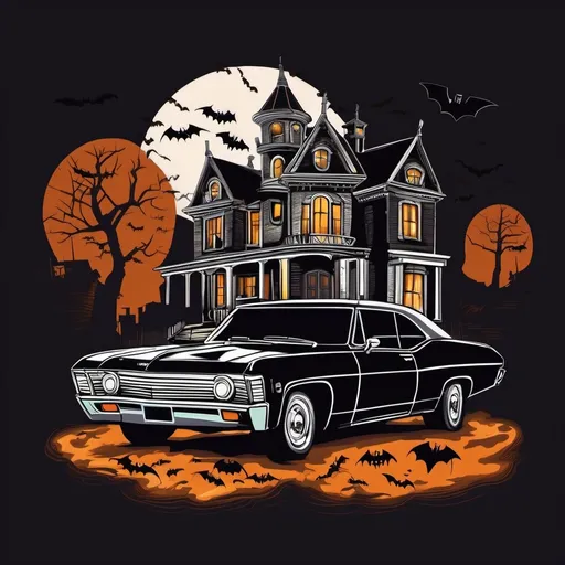 Prompt: haunted house with halloween decorations. a black 1967 chevrolet impala parked outside with the headlights on. ghosts and bats flying outside the house at night, t-shirt design, vector, print on demand, POD, clean background