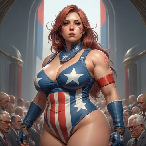 Prompt: Full body Portrait of a thicc female supersoldier MMA, in the style of patriotism and capitalism, Cinematic, Filmic, War Photography, Field of View, Si Vis Pacem, Para Bellum,  Super-Resolution, clean 8K, highly detailed, semi-futuristic, War Propaganda, Uncle Sam symbolism, heartland Nuevo art style, digital painting, thicc thigh worship, anime, artstation, concept art, smooth, sharp focus, illustration, art by Artgerm and Greg Rutkowski and Alphonse Mucha