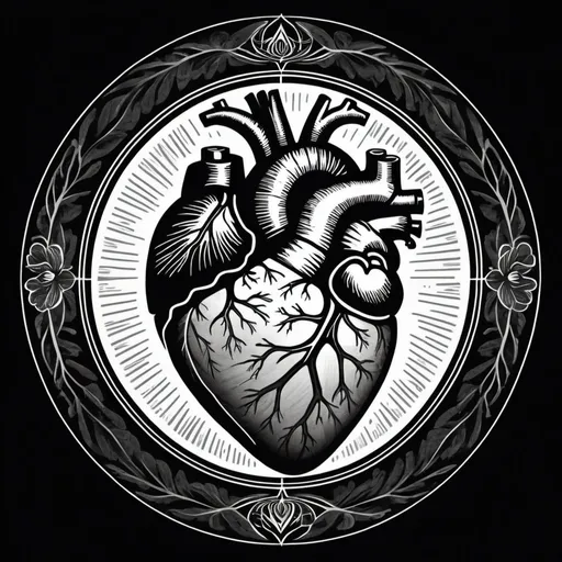 Prompt:  create a black and white linocut of an anatomical heart with large graphic rays radiating from the heart in the syle of art deco. include imagery to trees or roots, as well as symbols that represent personal transformation such as a lotus or blooming flower. it should represent the heart's journey through the dark night of the soul, and  should be entitled heart of darkness. It should symbolize how it is by venturing through the darkness that we eventually find the light, and as the old self is dismantled, the new self emerges. keep the style graphic 

