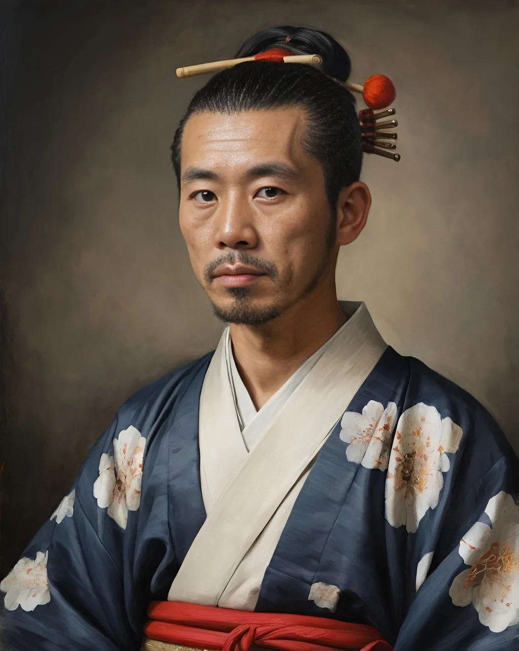 Prompt: historical style old oil painting portrait of a man wearing a traditional japanese outfit

