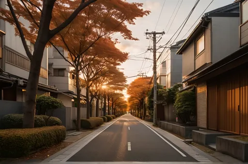 Prompt: photo realistic image of modern residential street in a tokyo neighborhood, there are trees in the sidewalk during fall, sunset, golden hour

