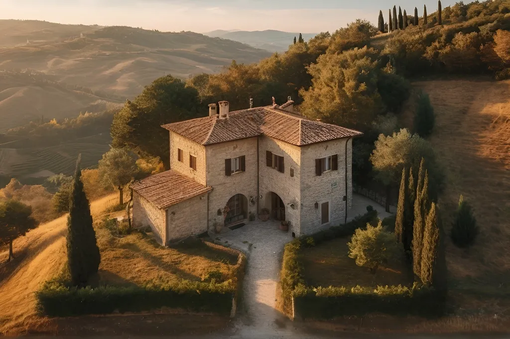 Prompt: photo realistic image of a single traditional italian 2 storey home with italian pine trees and maple trees around the encircling stone walls. Located on hills in tuscany, set during fall, cold, golden hour in sunset, seen from a drone above