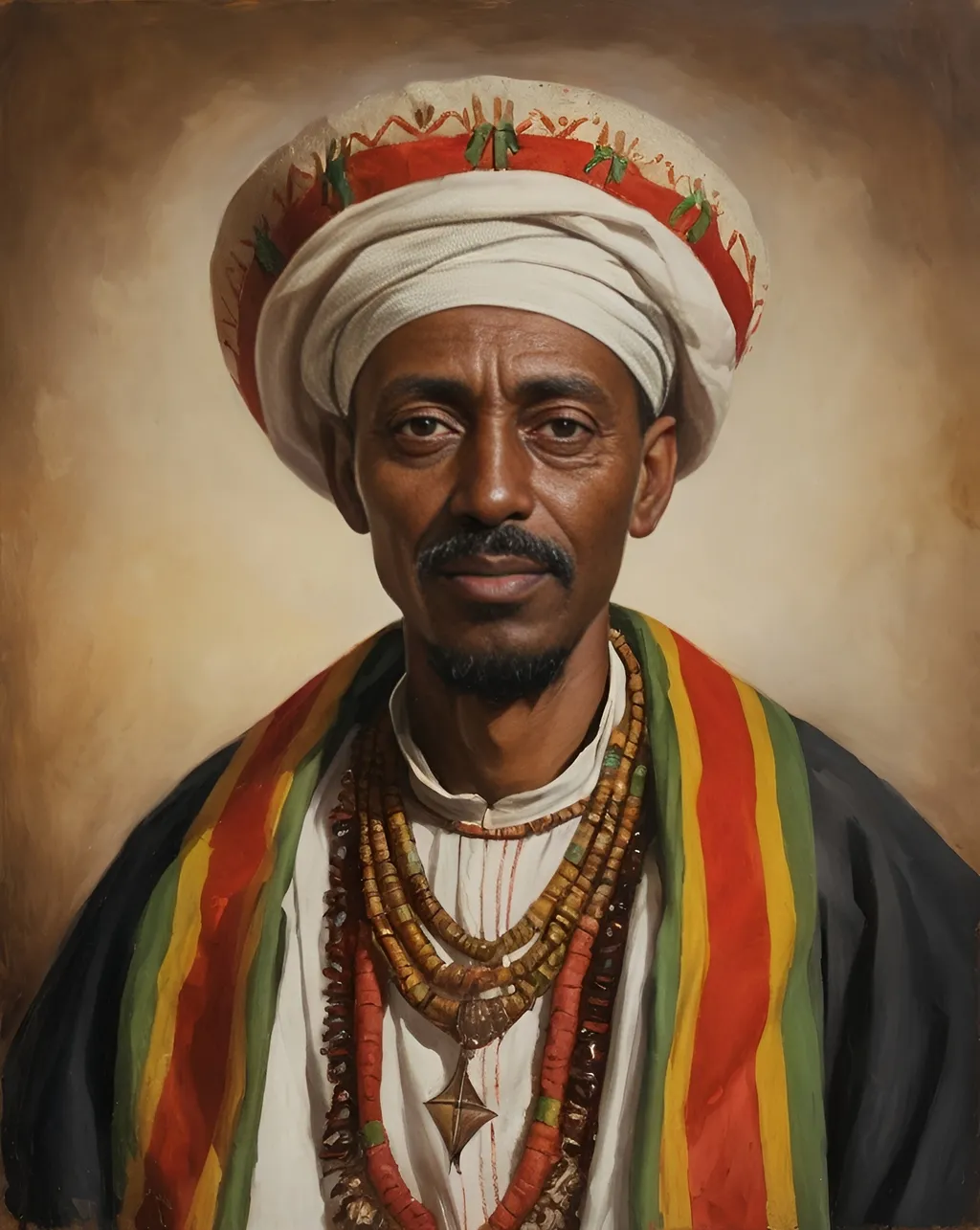 Prompt: historical style old oil painting portrait of a man wearing a traditional ethiopian outfit



