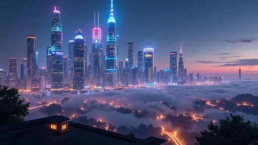 Prompt: photo realistic image of an ultra futuristic city skyline at night, with multiple sky scrapers of modern futuristic design, neon lights and hologram ads on the buildings, fog on the bottom floors, seen from the roof of a house in the suburbs, stars in the background, flying cars in the far distance