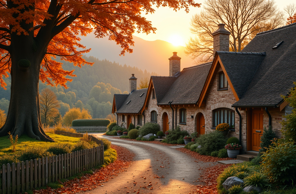 Prompt: a town of small old english homes, round windows, round wooden doors, flower pots in the front, in a small hilly area, next to a giant trees, in a forest, cute little dirt road leading up the town, small wooden picket fences, small stone wall along the dirt road, sunset, during autumn, leaves are orange,