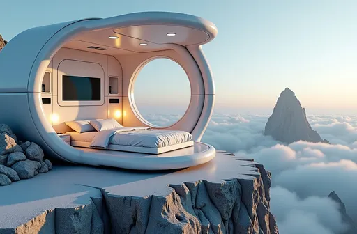 Prompt: photo realistic image of a an interior of a futuristic capsule room, with bed, LCD screen, bathroom, small fridge, round futuristic windows, modern futuristic interior, white shiny panels on the walls, set on top of a desolate grey mountain, clouds below, highly detailed, uhd, 8k