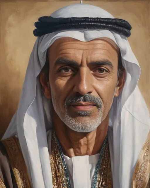 Prompt: historical style old oil painting portrait of a man wearing a traditional arabian outfit

