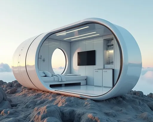 Prompt: photo realistic image of a an interior of a futuristic capsule room, with bed, LCD screen, bathroom, small fridge, round futuristic windows, modern futuristic interior, white shiny panels on the walls, set on top of a desolate grey mountain, clouds below, highly detailed, uhd, 8k