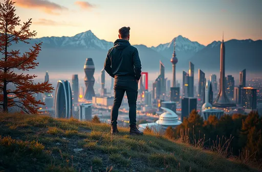 Prompt: a man, standing on some grass fields on the corner of the image, the man is looking at a skyline of a futuristic city with tall futuristic towers in the background, the skyline is crowded with lots of towers, city lights, tall snow-capped mountains behind the tall buildings, golden hour, autumn, uhd, 8k, highly detailed





