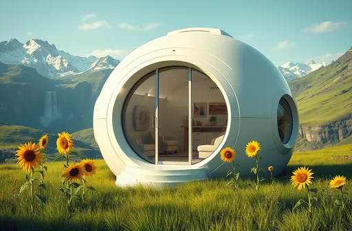 Prompt: white shiny round cabin, with futuristic windows, living unit, standing in the middle of green grass, sunflowers, in a valley, surrounded by waterfalls and snow-capped mountains, alien planet