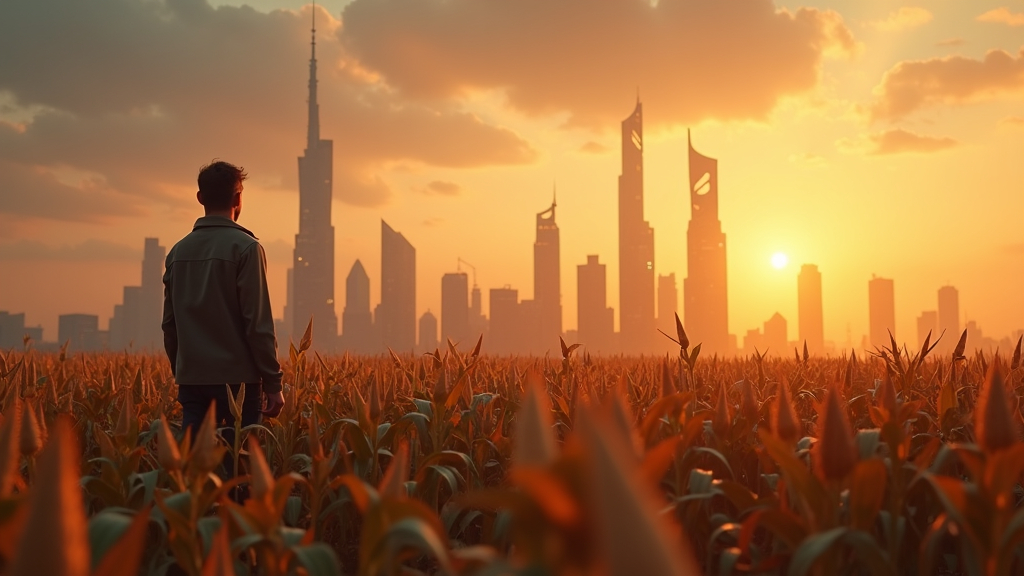 Prompt: a man, standing on some corn fields, futuristic farm machines, the man is looking at a skyline of a futuristic city with tall futuristic towers in the background, city lights, sunset behind the tall buildings, golden hour, autumn, uhd, 8k, highly detailed