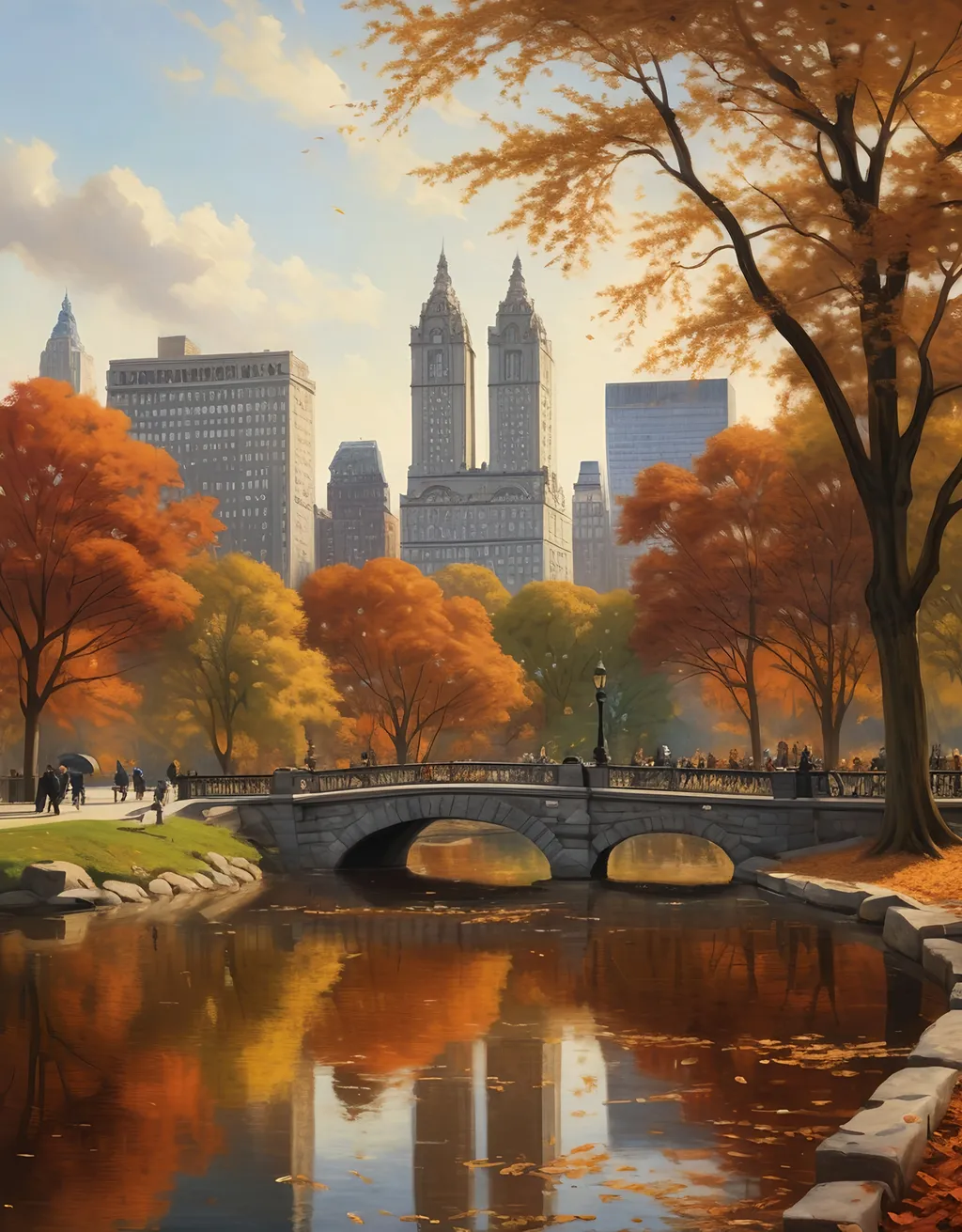 Prompt: historical style old oil painting of a scene in central park in new york city in autumn, fall colors, midtown skyline in the distance, set in the year 1920's, romantic, highly detailed, uhd, 8k



