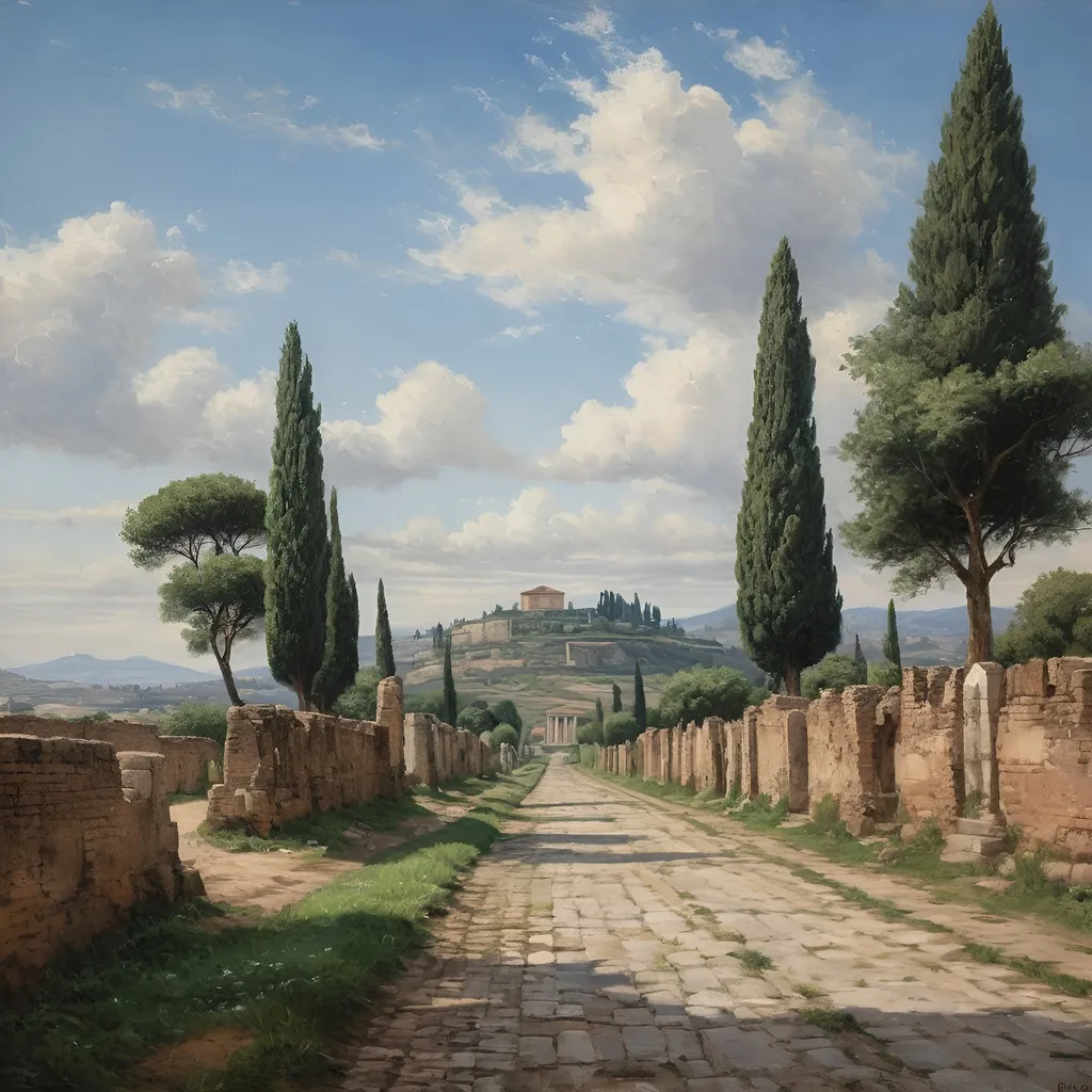 Prompt: old historical oil painting of a scene on the via appia, in ancient rome, cobble stoned road, with the green hills in the far distance, italian trees in the side of the road, mausoleums and small temples on the side of the road, blue skies, white clouds, spring time, set in the year 33 BC, highly detailed, 8k, uhd