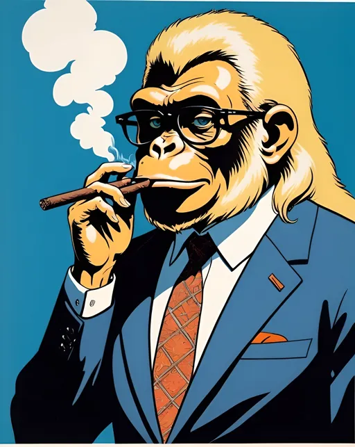 Prompt: Silk screen comic book illustration, Blonde ape in a business suit smoking a cigar, wearing fancy eye glasses, 1960s retro futurism