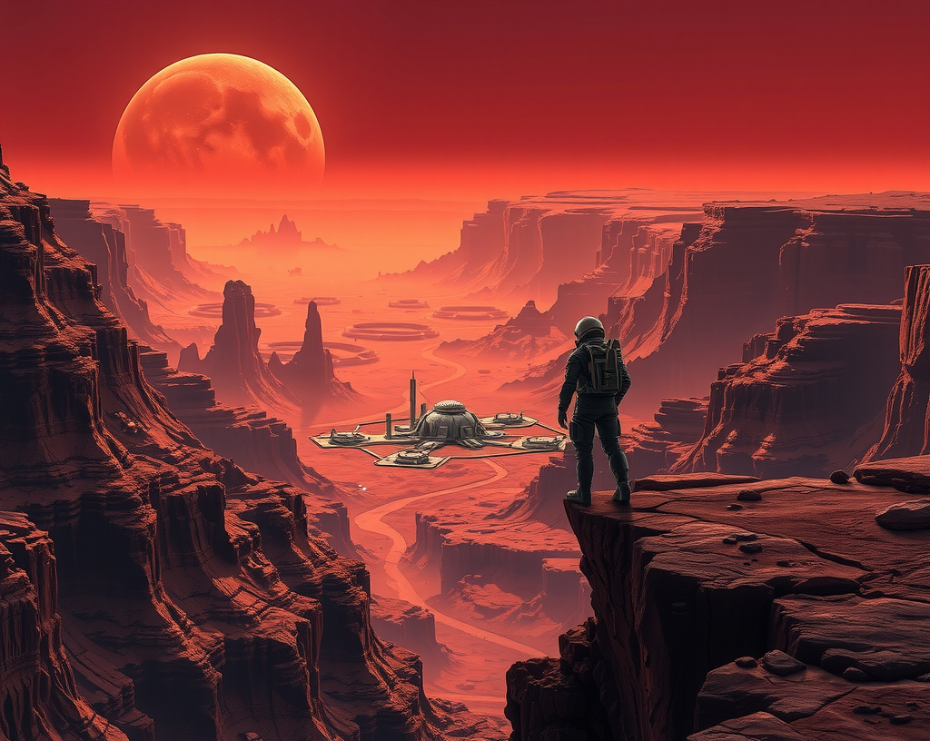 Prompt: image of a futuristic settlement on a valley, between canyons, set in mars, seen by an astronaut standing on a cliff, dark red atmosphere