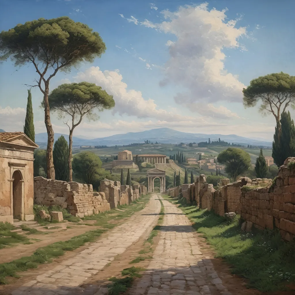 Prompt: old historical oil painting of a scene on the via appia, in ancient rome, cobble stoned road, with the green hills in the far distance, italian trees in the side of the road, mausoleums and small temples on the side of the road, blue skies, white clouds, spring time, set in the year 33 BC, highly detailed, 8k, uhd