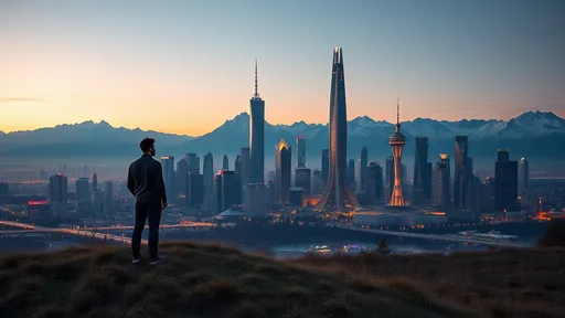 Prompt: a man, standing on some grass fields on the corner of the image, the man is looking at a skyline of a futuristic city with tall futuristic towers in the background, the skyline is crowded with lots of towers, city lights, tall snow-capped mountains behind the tall buildings, golden hour, autumn, uhd, 8k, highly detailed





