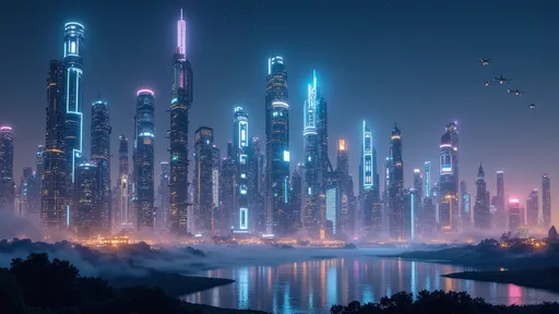 Prompt: photo realistic image of an ultra futuristic city skyline at night, with multiple sky scrapers of modern futuristic design, heon lights and hologram ads on the buildings, fog on the bottom floors, seen from across a small lake, starts in the background, flying cars in the far distance