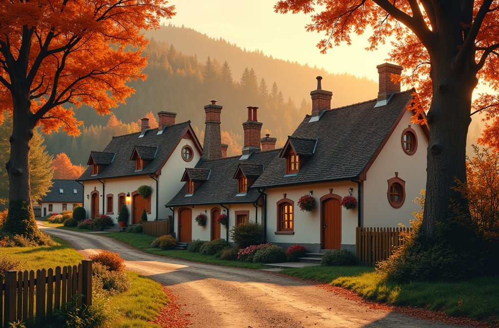 Prompt: a town of small old english homes, round windows, round wooden doors, flower pots in the front, in a small hilly area, next to a giant trees, in a forest, cute little dirt road leading up the town, small wooden picket fences, small stone wall along the dirt road, sunset, during autumn, leaves are orange,