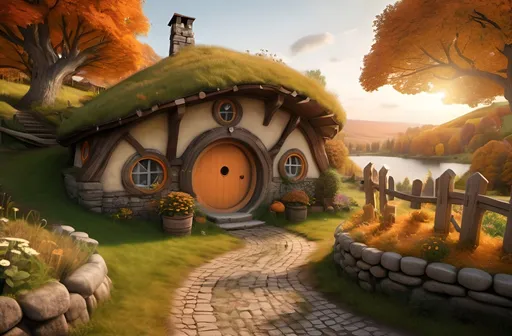 Prompt: a small hobbit style house, round windows, round wooden door, flower pots in the front, in a small hill, next to a gaint tree, in a forest, cute little dirt road leading up to the house, small wooden picket fence, small stone wall along the dirt road, sunset, during autumn, leaves are orange, scenic hilly town with stone bridges and lakes in the far background