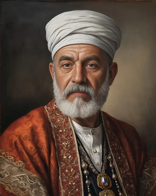 Prompt: historical style old oil painting portrait of a man wearing a traditional turkish outfit

