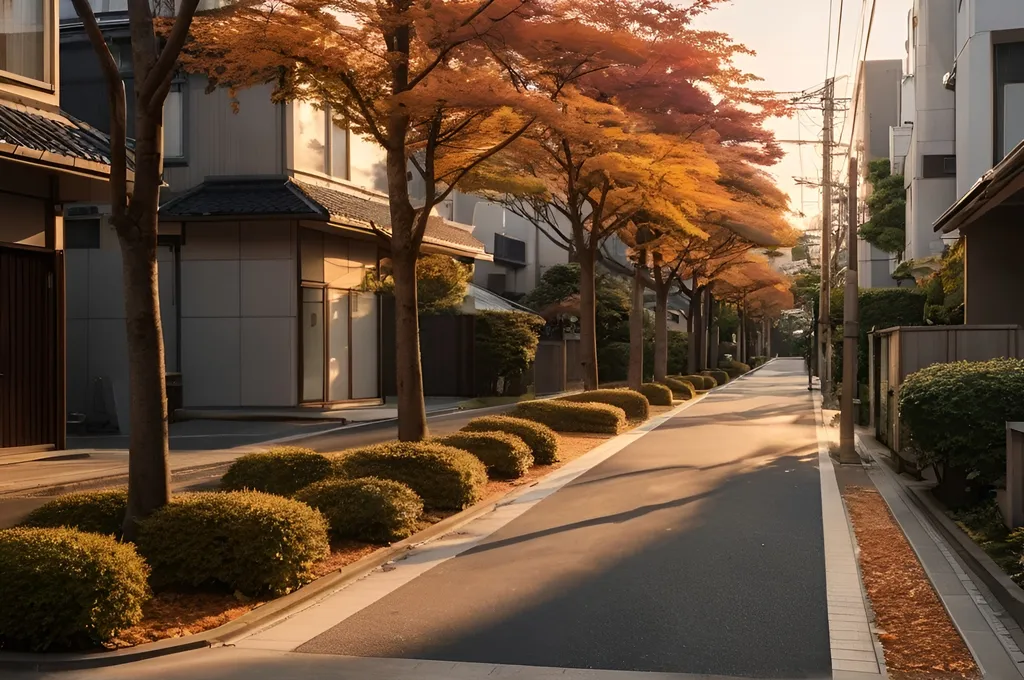 Prompt: photo realistic image of modern residential street in a tokyo neighborhood, there are trees in the sidewalk during fall, sunset, golden hour

