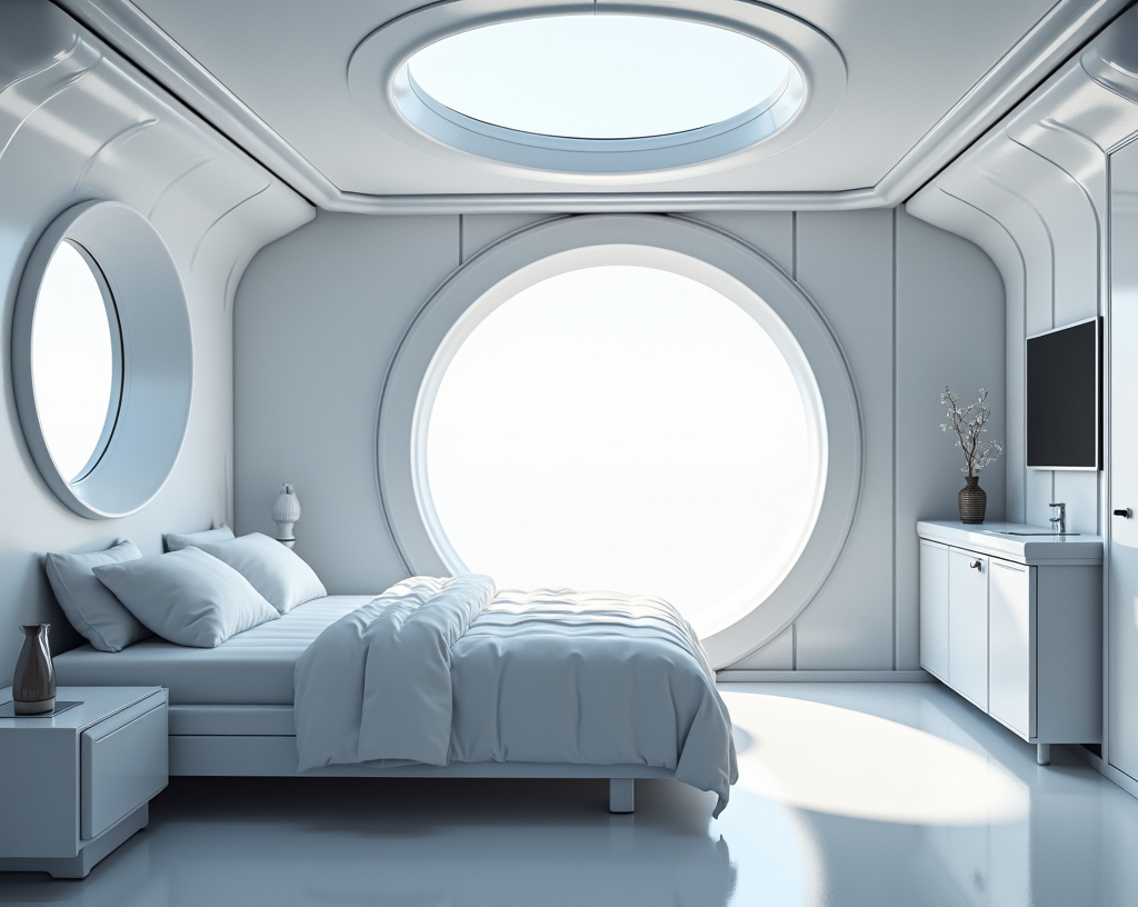 Prompt: photo realistic image of a an interior of a futuristic capsule room, with bed, LCD screen, bathroom, small fridge, round futuristic windows, modern futuristic interior, white shiny panels on the walls, highly detailed, uhd, 8k