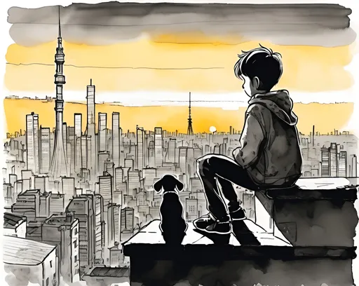 Prompt: a kid and his beagle, sitting on the top of a roof in a tokyo neighborhood, looking at a distant futuristic skyline of a city with tall towers in the afternoon, sunset,  shades of gray and yellow, ink and wash  on paper,