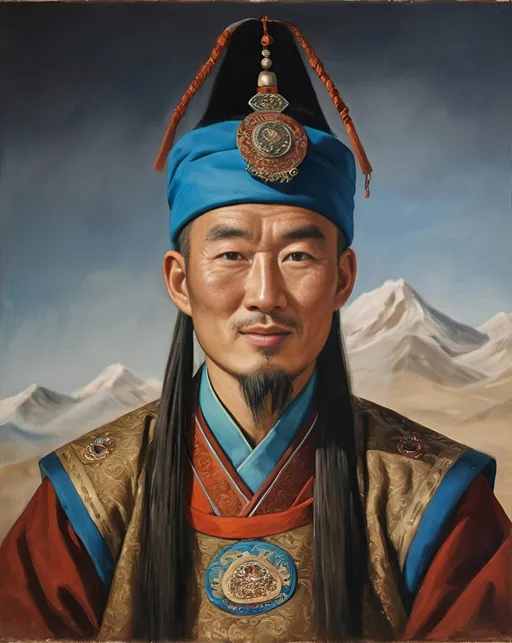 Prompt: historical style old oil painting portrait of a man wearing a traditional mongolian outfit



