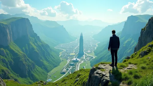 Prompt: a man, standing on top of a mountain looking at a green valley with a modern futuristic city in the middle, blue skies, grass