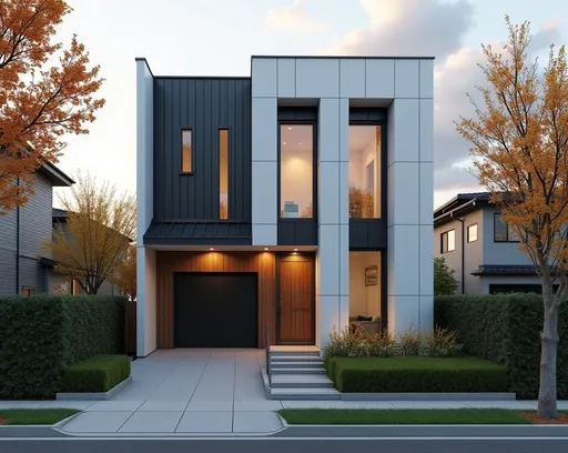 Prompt: photo realistic image of a small house, 3 stories high, 5 meters in front by 12 meters in depth, concrete steps in front, covered in modern white panels, black metal roof, narrow tall windows, modern concrete in the front holding grass and japanese plants, garage is sunken, modern design, set in a typical modern tokyo residential neighborhood,  trees, fall, autumn, golden hour, puffy white clouds, seen from the side, highly detailed, uhd, 8k