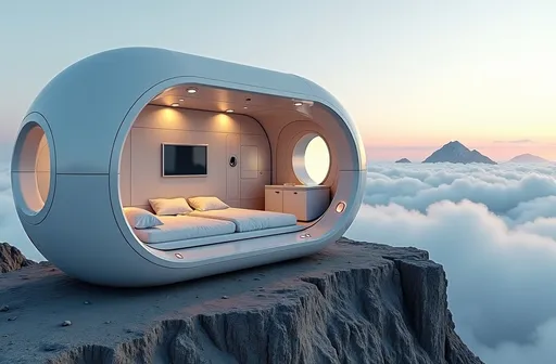 Prompt: photo realistic image of a an interior of a futuristic capsule room, with bed, LCD screen, bathroom, small fridge, round futuristic windows, modern futuristic interior, white shiny panels on the walls, set on top of a desolate grey mountain, clouds below, highly detailed, uhd, 8k