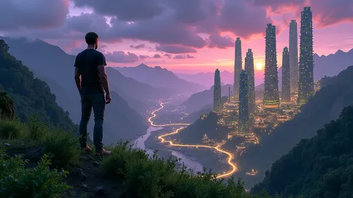 Prompt: a man, standing on top of a mountain looking at a green valley with a modern futuristic settlement in the middle, tall skyscrapers, vertical farms, bio organic architecture, at night, purple skies, stars, grass