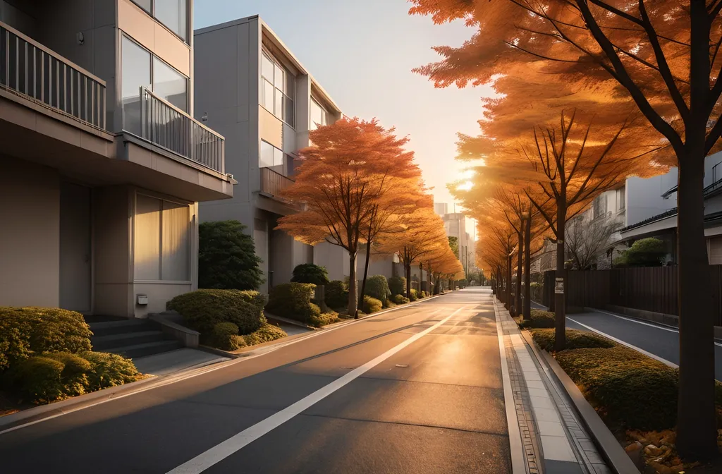 Prompt: photo realistic image of modern residential street in a tokyo neighborhood, there are trees in the sidewalk during fall, sunset, golden hour